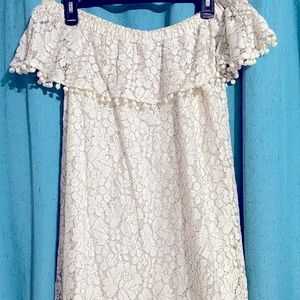 White off the shoulder ruffle above the knee dress